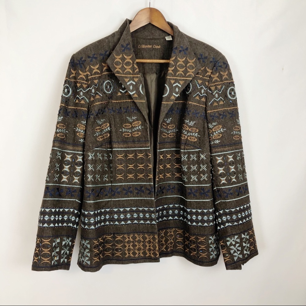 Coldwater Creek Blazer Beaded Embroidered Open Front Brown Size W18